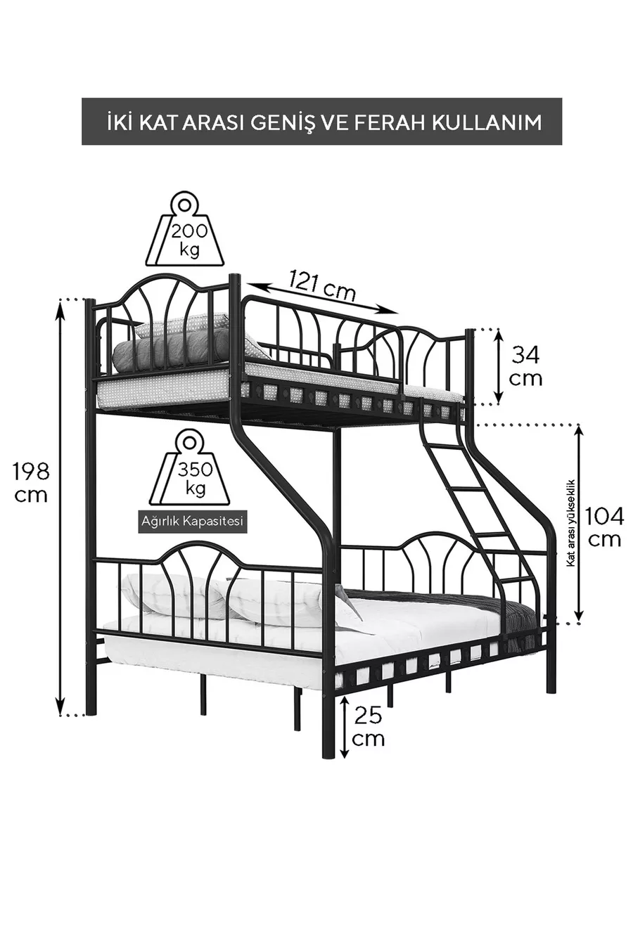 Lit superposé métallique pour 3 personnes avec 3 places pour parents  &  Noir
