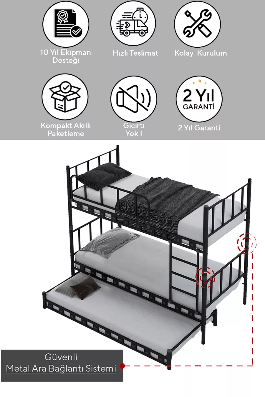 Chambre d'enfant jeune avec lit superposé et lit métallique  blanc Zambak Yavrulu
