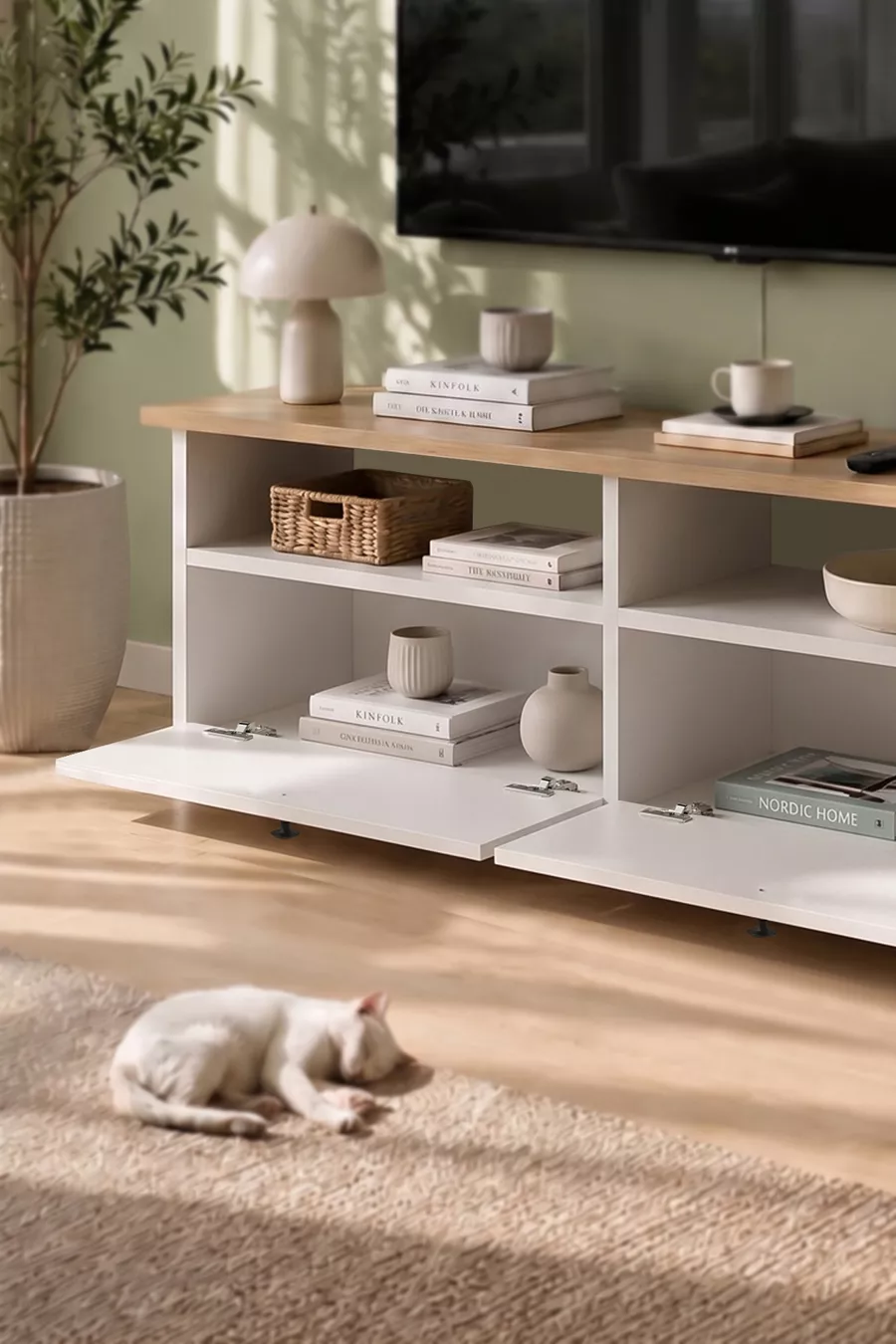 Meuble TV 2 Portes Unité TV Table TV  x  Cm Santorin Saphir Chêne Blanc