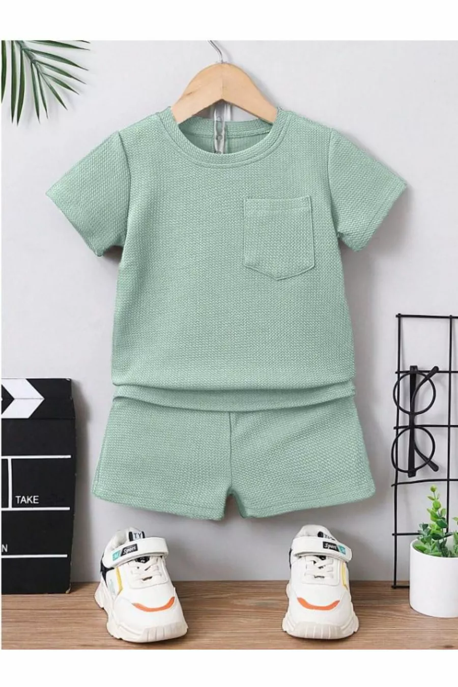 Ensemble d'été 2 pièces en tissu gaufré en coton avec détails de poche