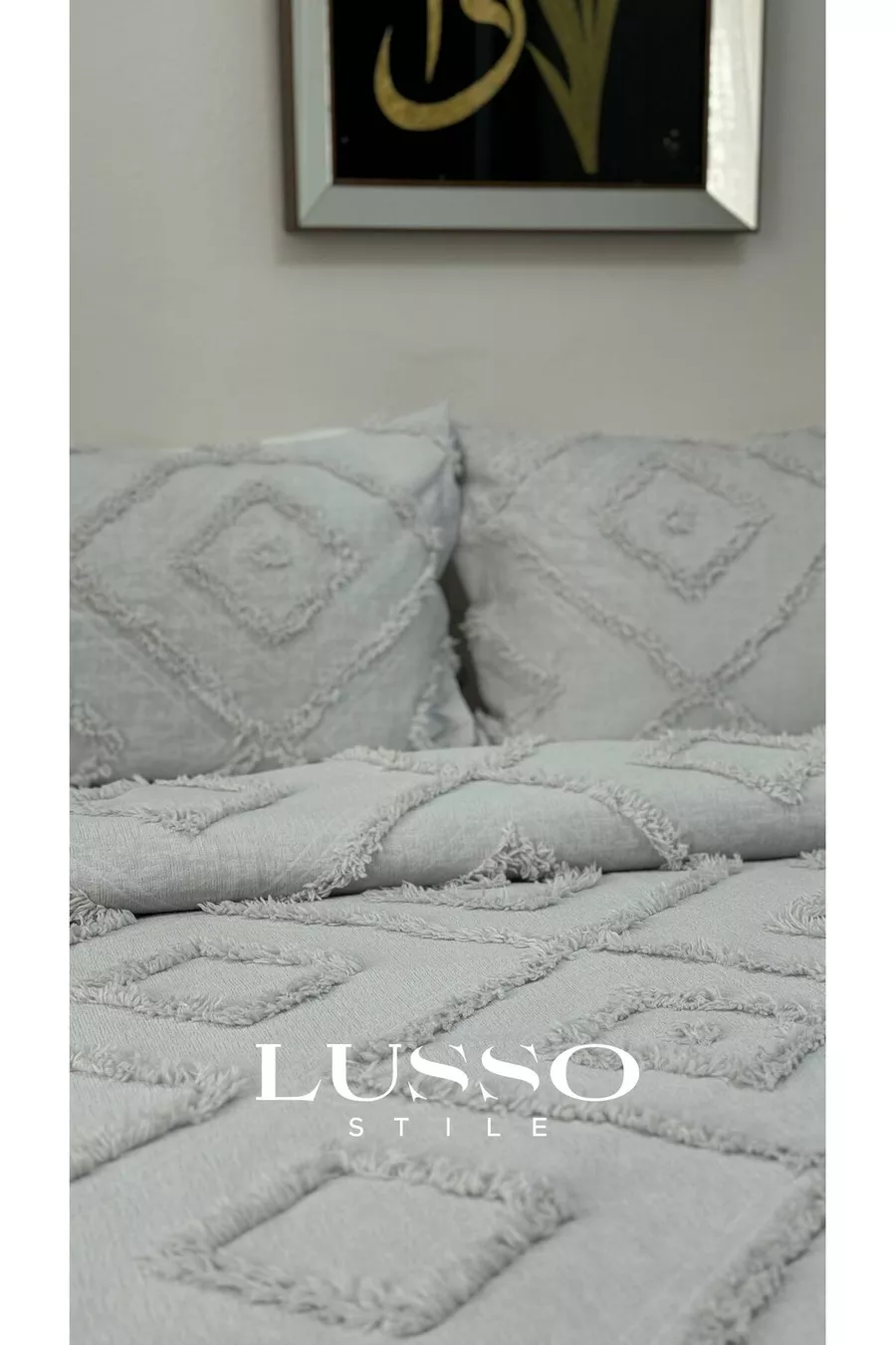 Housse de lit scandinave Jasmine pour lit double  et 2 oreillers argent gris