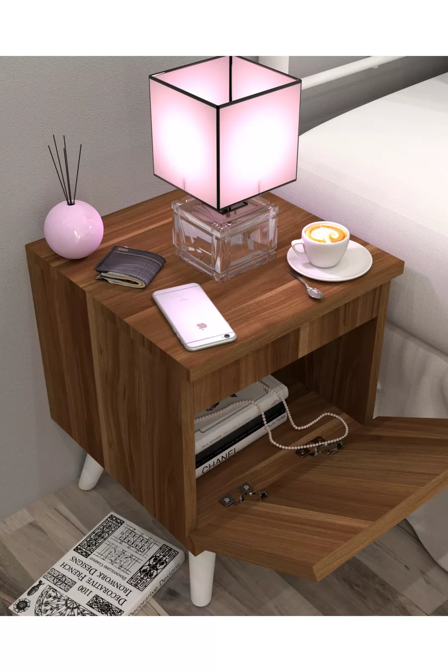 Table de chevet Gimli avec compartiment secret, MDF, assemblé, ne nécessite pas de montage