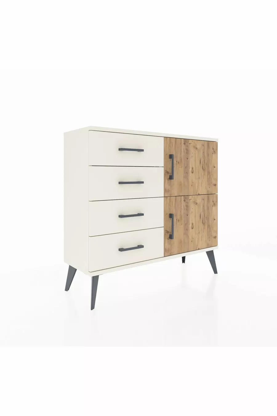 Commode Arges à une étagère, 4 tiroirs et 2 portes, Pierre de lune-Sapin/Pierre de lune