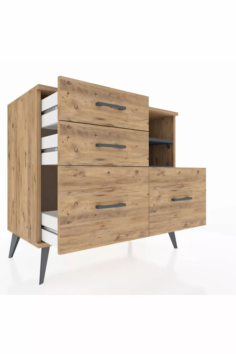 Commode Hyperion 2 étagères 4 tiroirs Pin-Anthracite/Pin