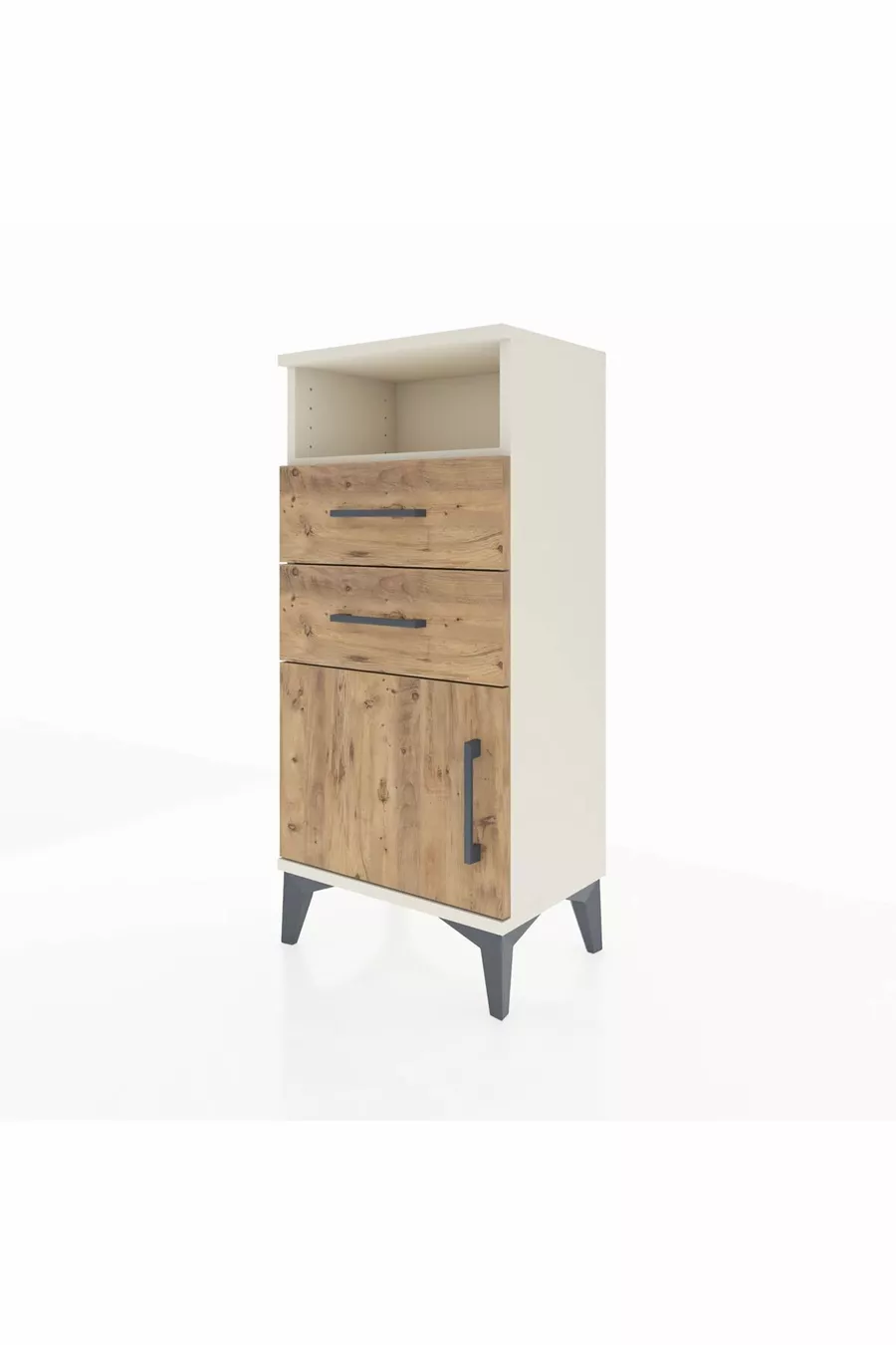 Table de chevet Arges avec une étagère, 2 tiroirs et une porte, Pierre de lune-Pin