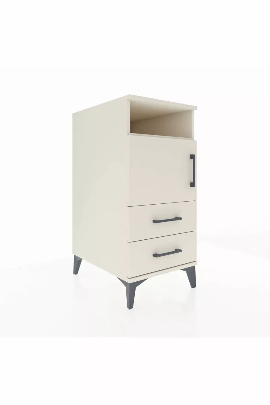 Table de chevet Kronos avec 2 étagères, 2 tiroirs et 1 porte, couleur Pierre de lune
