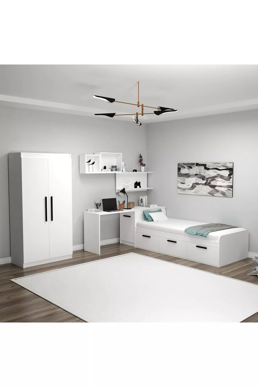 Chambre Jeune Akser Ensemble 4 pièces – Blanc (Bureau, Lit, Armoire, Étagère murale)