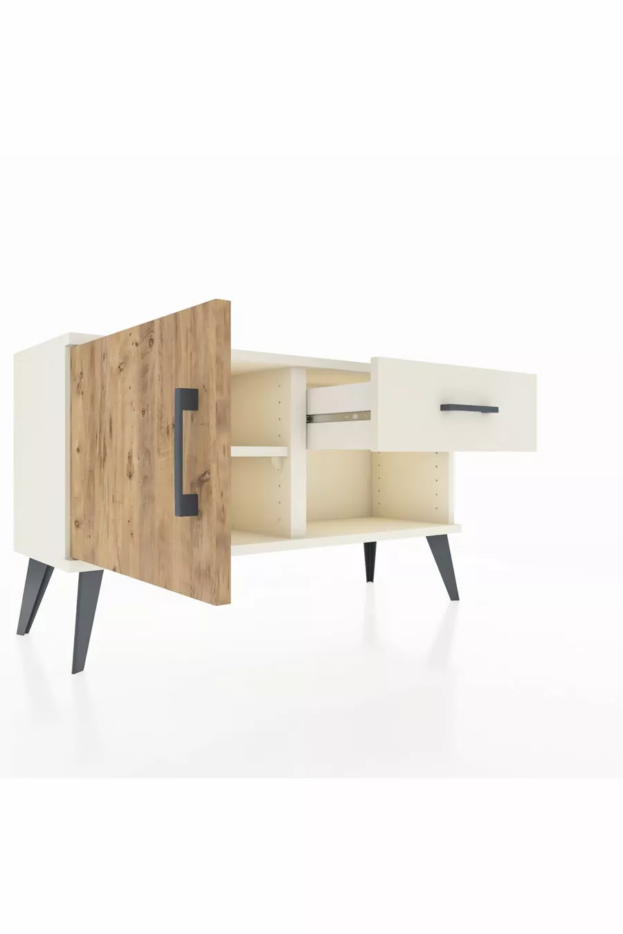 Commode Arges avec une étagère, un tiroir et une porte, coloris Pierre de Lune-Pin/Pierre de Lune