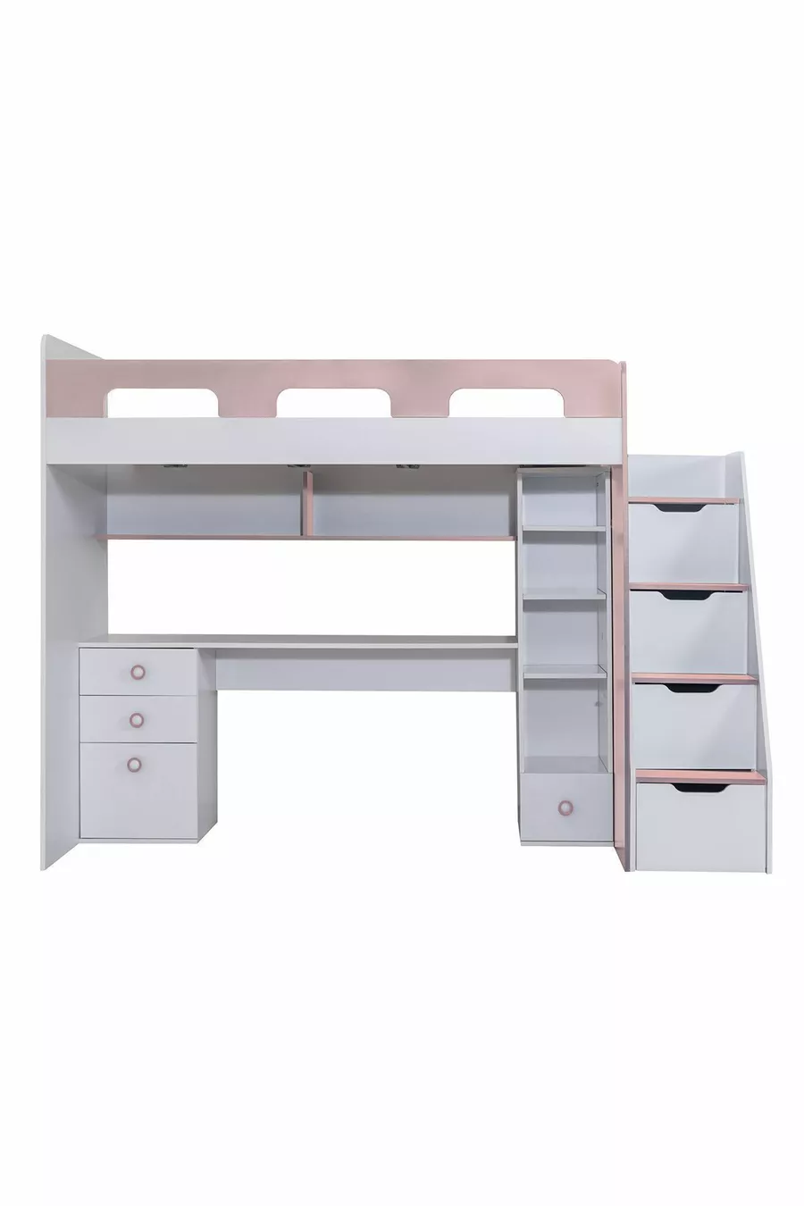 Lits superposés, lit-bureau-bibliothèque Troya - Rose 1 matelas Comfort