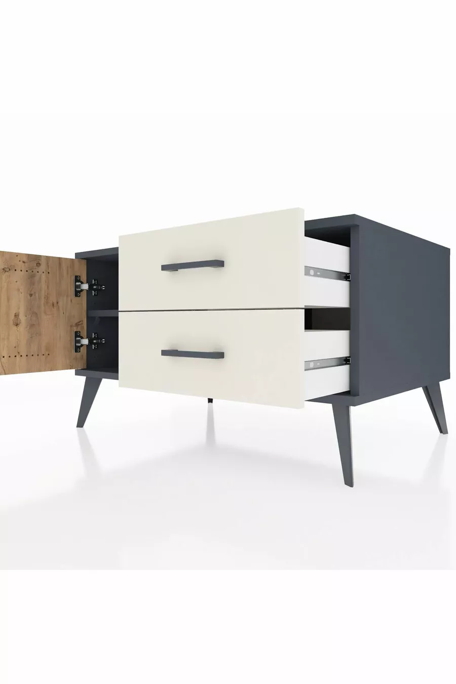 Commode Kronos à une étagère, 2 tiroirs et une porte, Anthracite-Sapin/Gris pierre