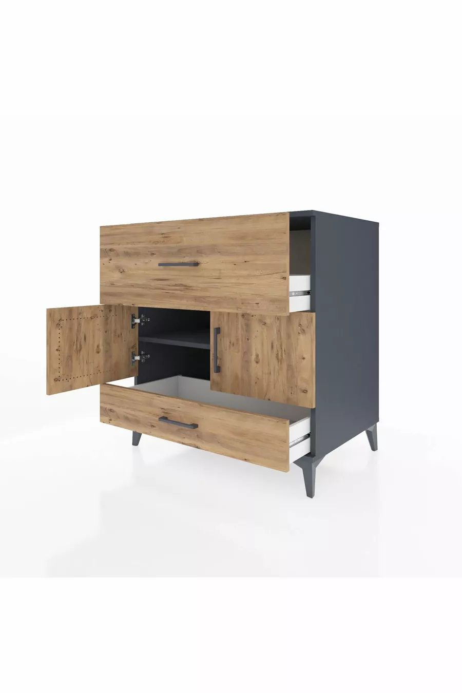 Commode Kronos avec une étagère, 2 tiroirs et 2 portes, anthracite-pin