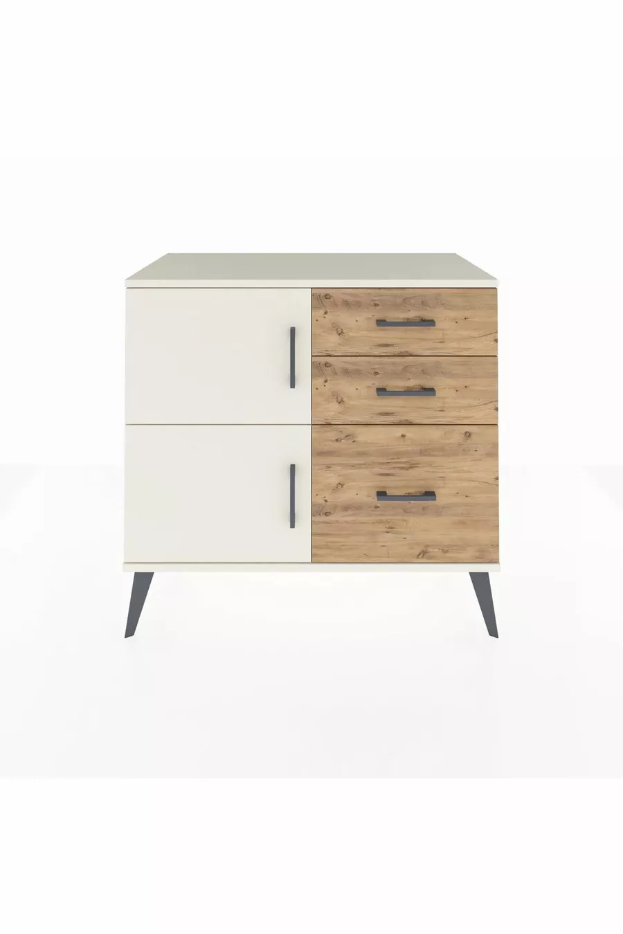 Commode Hyperion à une étagère, 3 tiroirs et 2 portes, Pierre de lune / Pin