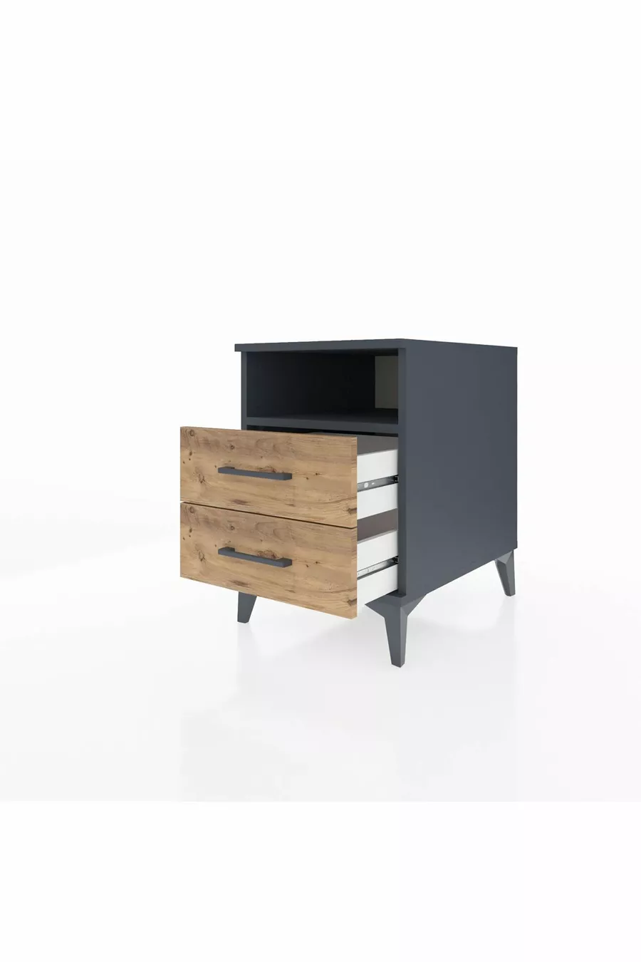 Table de chevet Kronos avec une étagère et 2 tiroirs Anthracite-Bois de pin