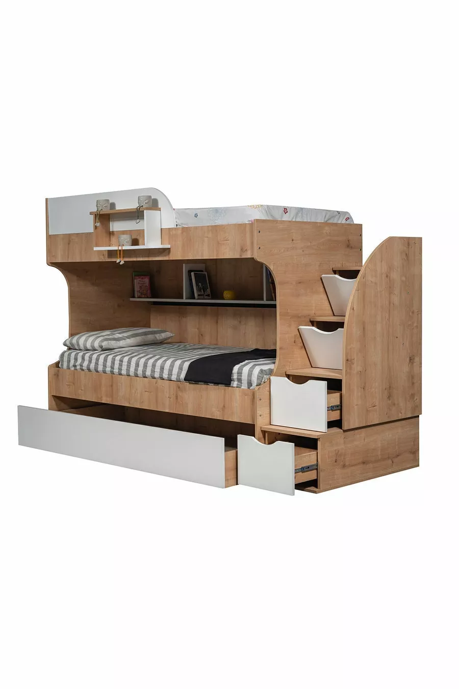Lits superposés, Lit superposé avec tiroirs Aura - Armoire 3 portes - Chêne Saphir