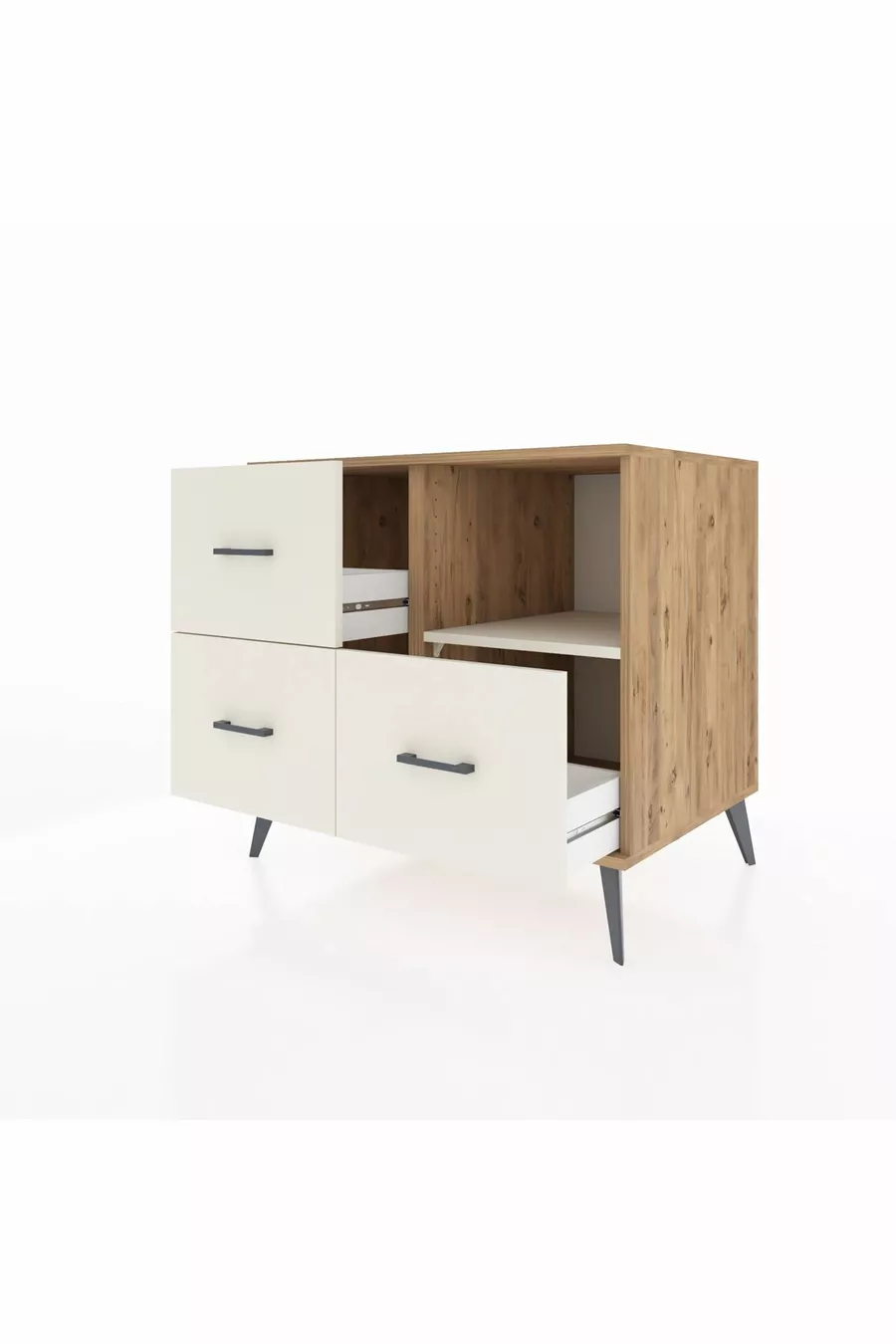 Commode Kronos à une étagère et 3 tiroirs en pin et pierre de lave