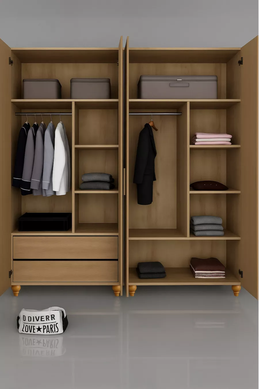 Armoire Nefes MDF à 4 portes et tiroirs | Revêtement Rehau | Pieds en bois de charme | Structure solide