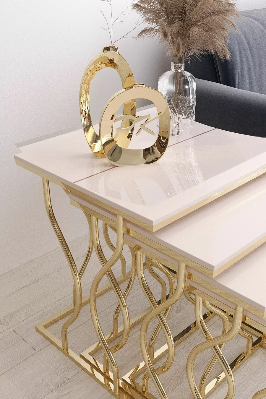 Ensemble de tables gigognes carrées 4 pièces Hayal, pieds dorés, MDF crème