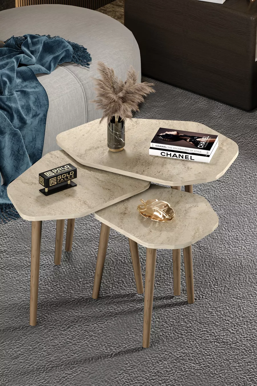 Table gigogne 3 pièces Trio Table d'appoint en bois Table basse Travertin