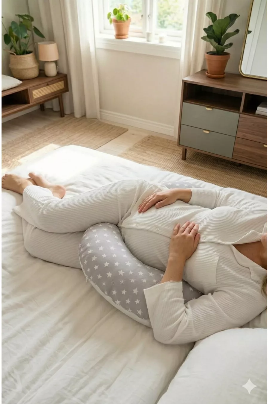 Coussin d'allaitement double face / Coussin de soutien pour bébé, Coussin de grossesse, Tissu en coton, Motif étoiles, Gris