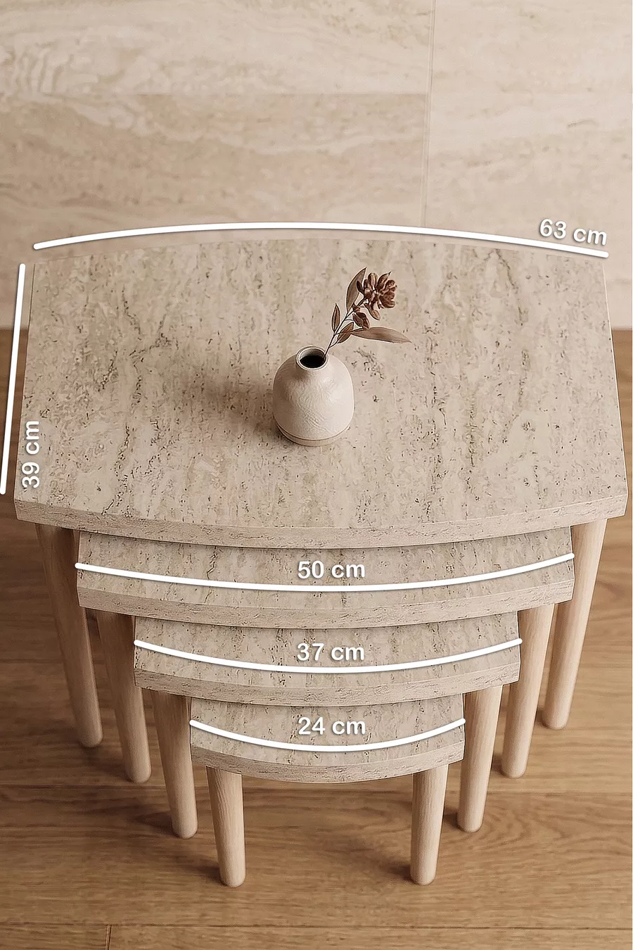 Ensemble de tables gigognes 4 pièces en MDF à motif travertin avec pieds en bois de charme, design moderne