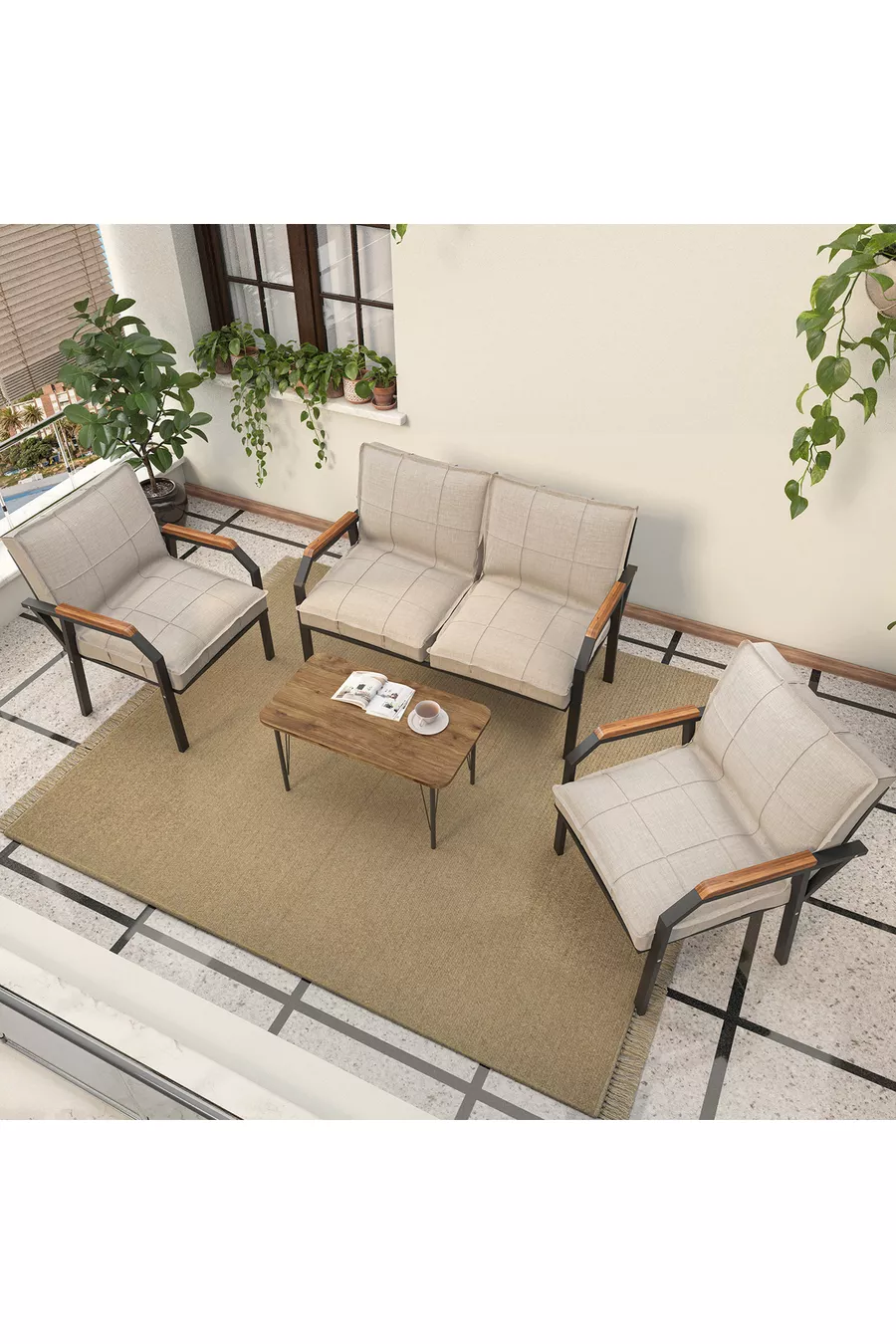 Hayal Balcon, Jardin, Café, Ensemble de Canapés en Métal, Meubles de Jardin,  avec Table Basse - Crème