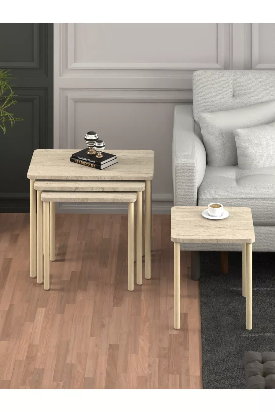 Obim 4 pièces Travertin en bois Empilement Immatriculation - table de thé Table de service Table-salon Table - design moderne