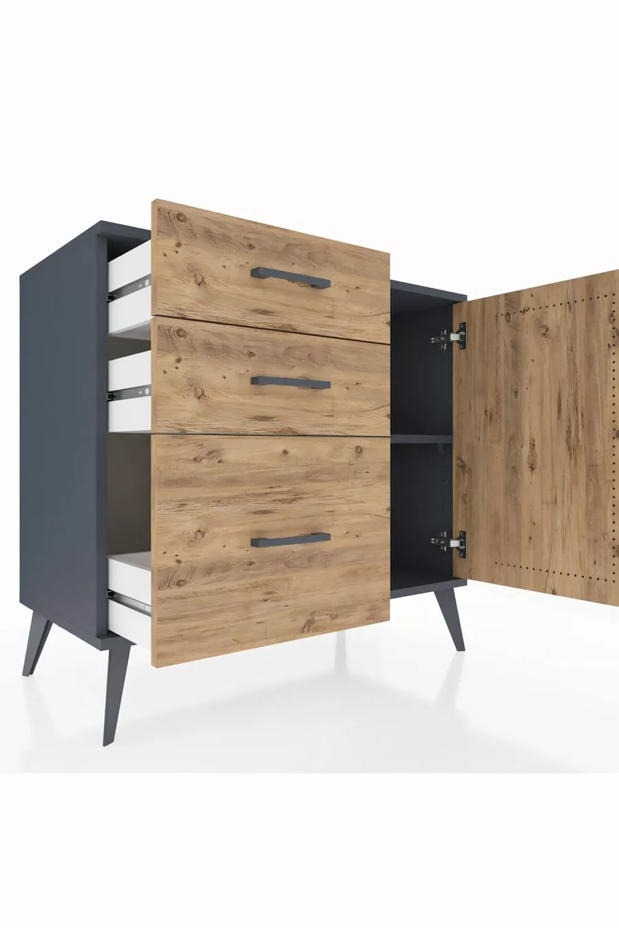 Commode Hyperion à une étagère, 3 tiroirs et une porte, Anthracite-Bois de pin