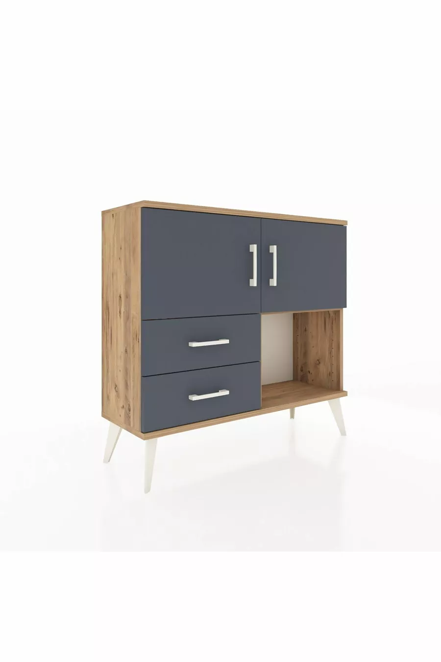 Commode Arges 2 étagères 2 tiroirs 2 portes Pin-Anthracite