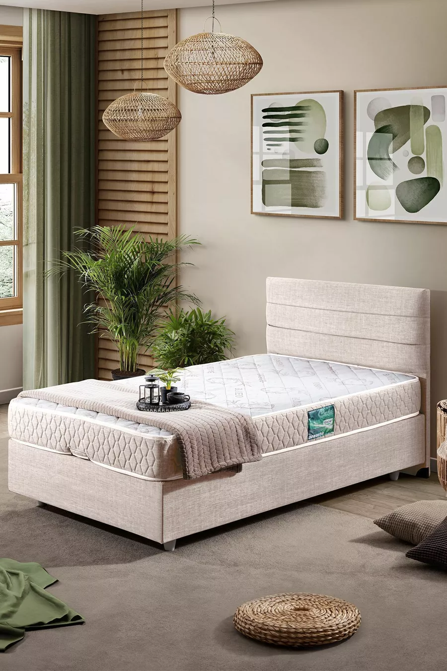 Ensemble de lit Comfort Sofia avec base et tête de lit simple Crème