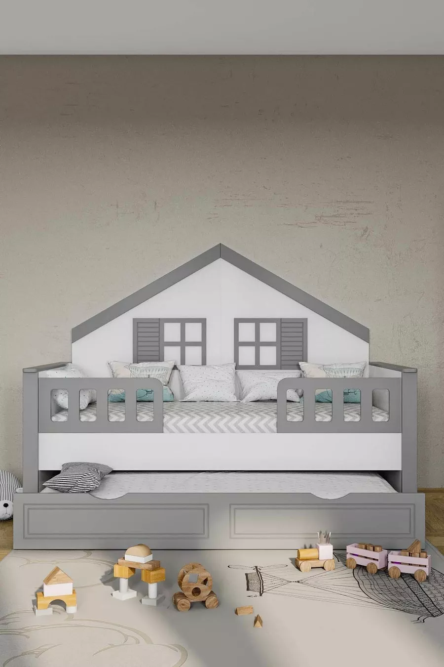 % Lit Montessori pour enfants en MDF avec tiroirs, gris