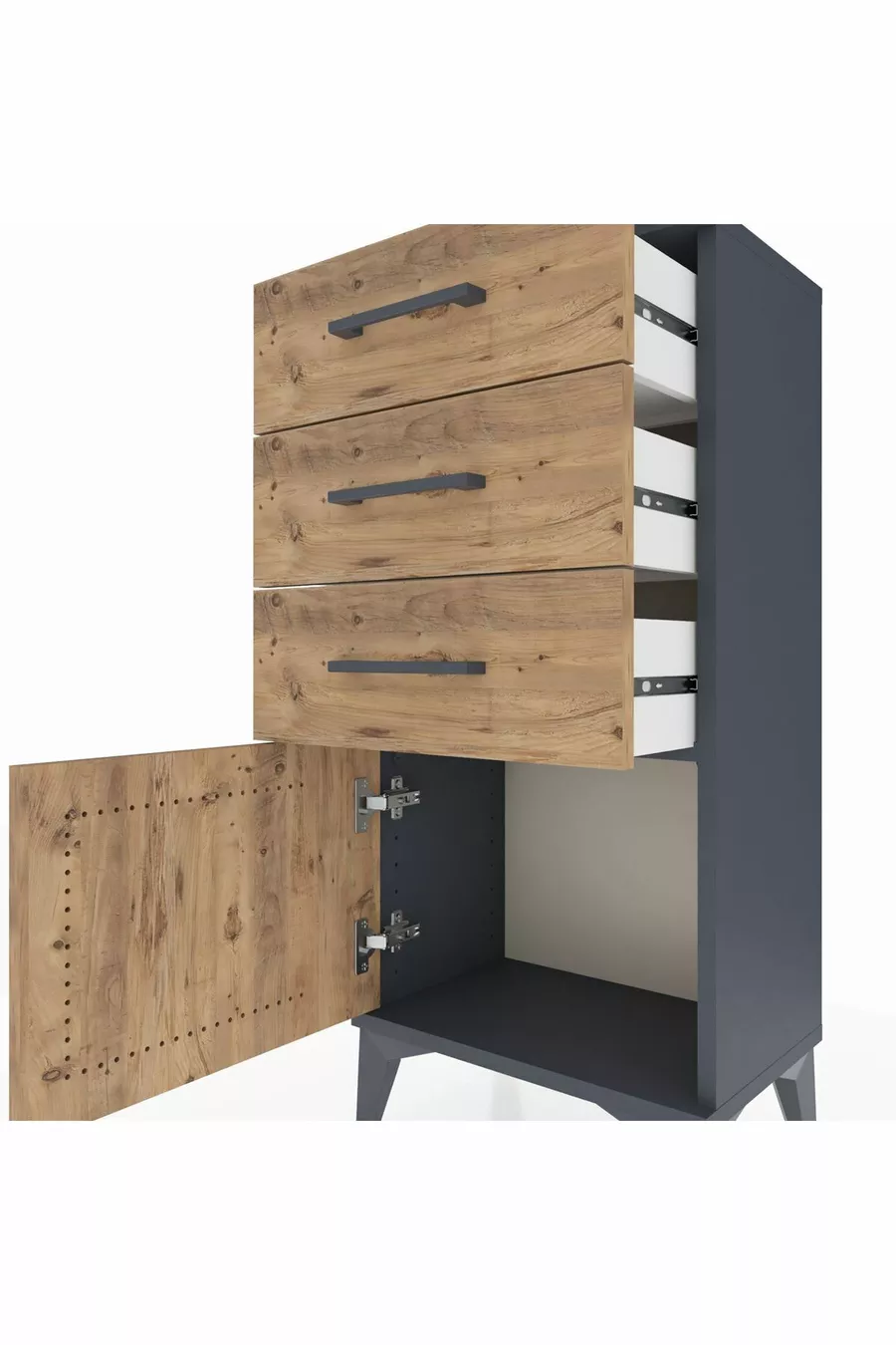 Chevet Arges avec 3 tiroirs et 1 porte, anthracite-pin