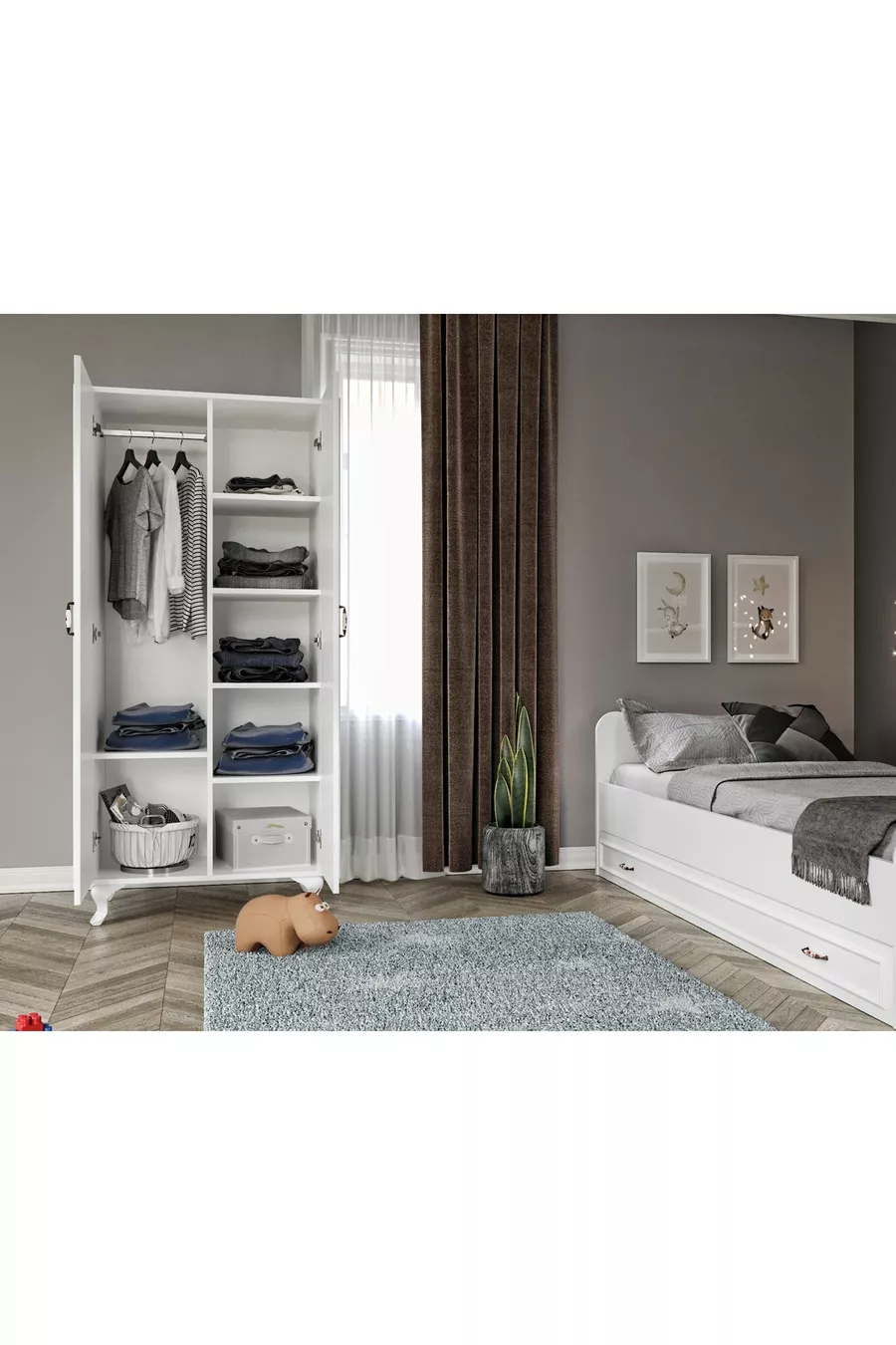 Ensemble de chambre Country - Lit avec tiroirs, Armoire à 2 portes, Commode à 3 tiroirs, entièrement en MDF