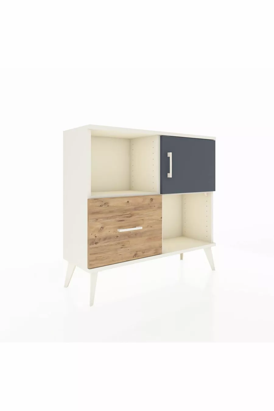Commode Arges avec 2 étagères, 1 tiroir et 1 porte, couleur Pierre de Lune-Anthracite/Sapin