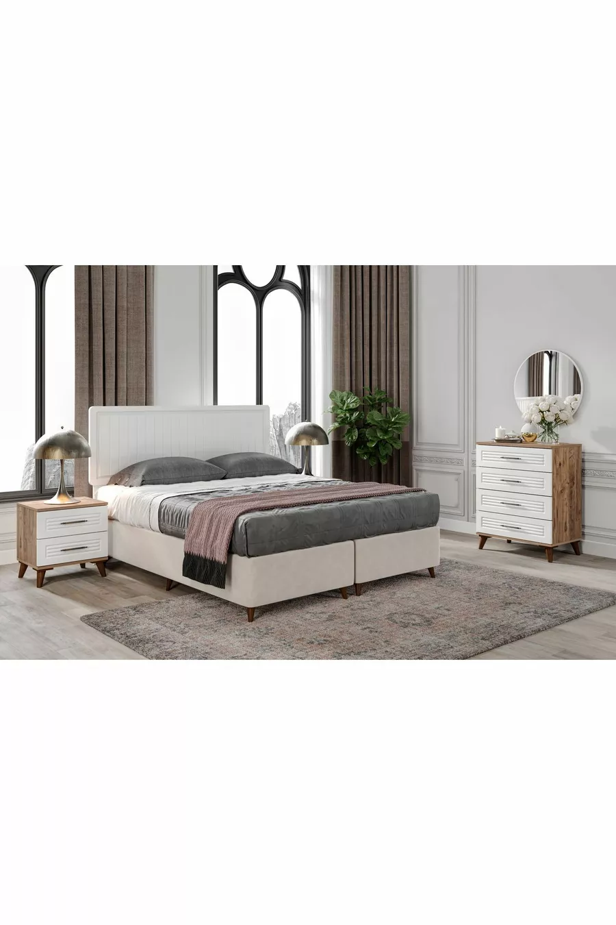 Ensemble de chambre à coucher en MDF complet Paris à 6 portes, pin Atlantique blanc (avec sommier)
