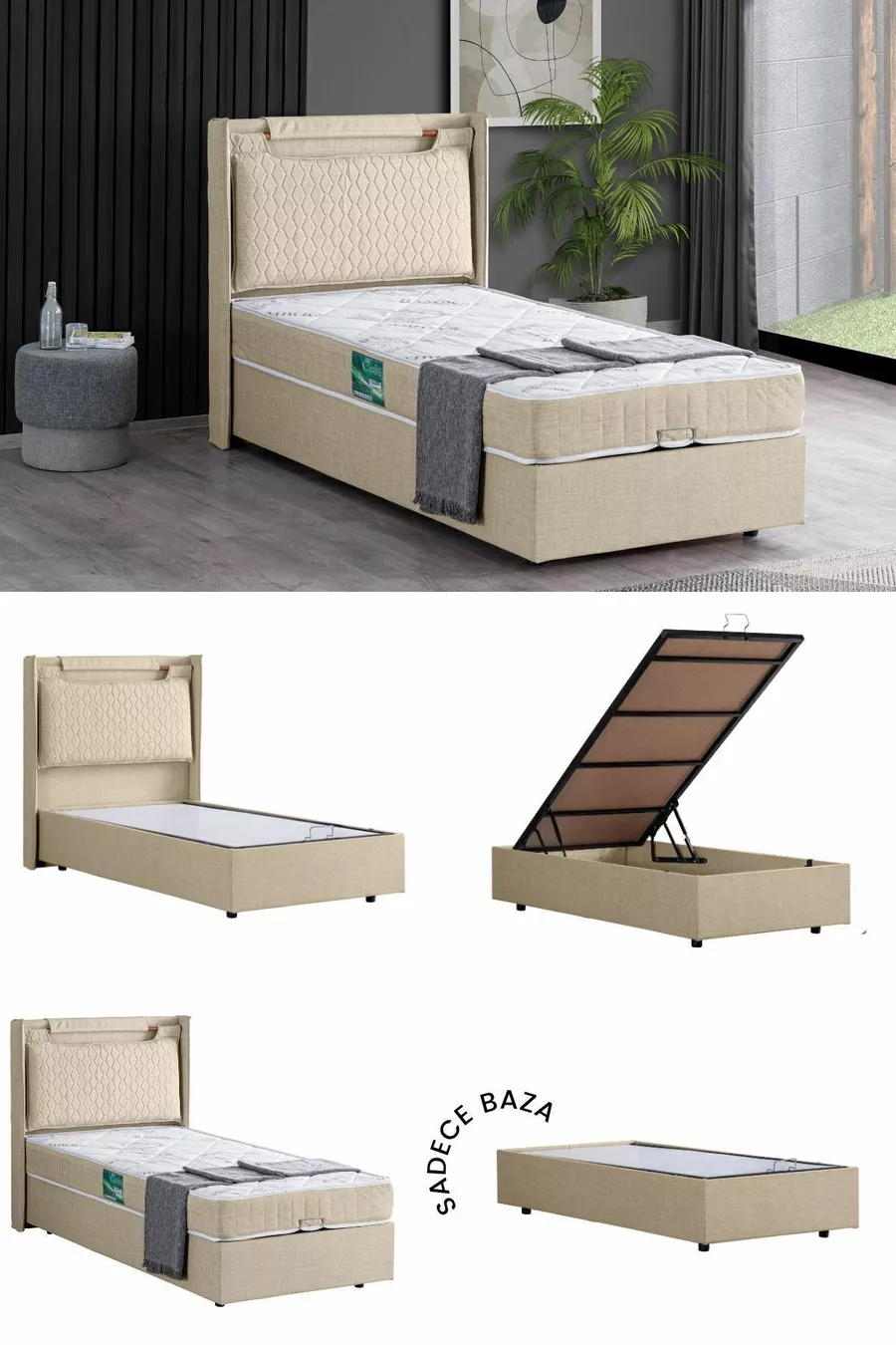 Lit simple en MDF Zagreb, crème (hors tête de lit et matelas)