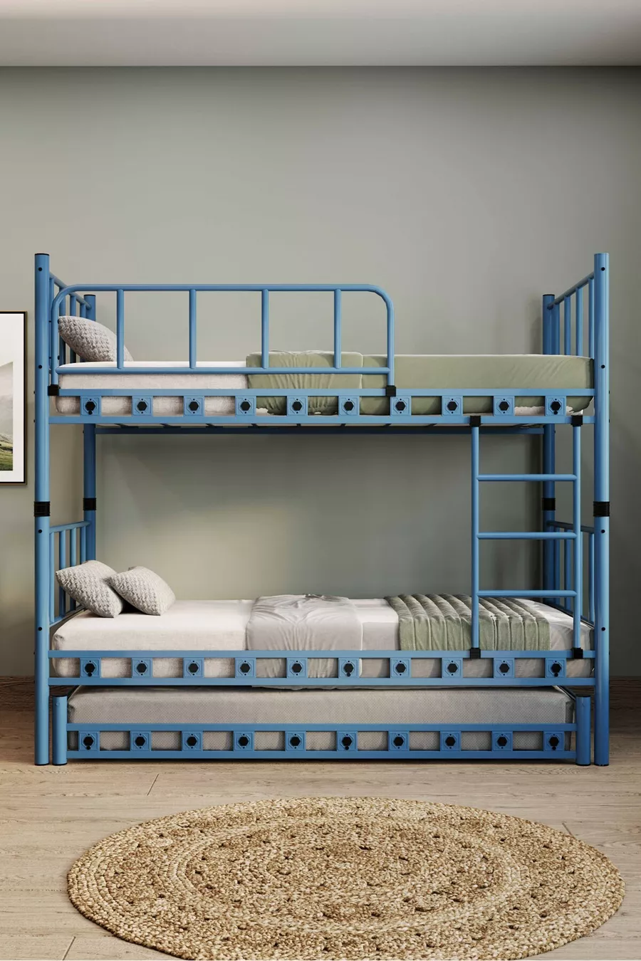 Chambre d'enfant pour jeunes Zambak avec lit superposé et lit simple en métal Bleu marine