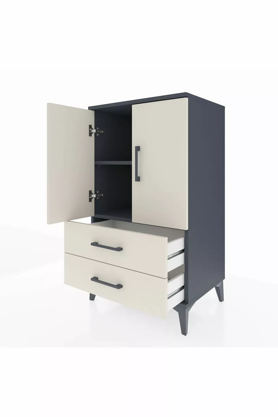 Table de chevet Hyperion avec 2 étagères, 2 tiroirs et 2 portes, Anthracite-Pierre de lune