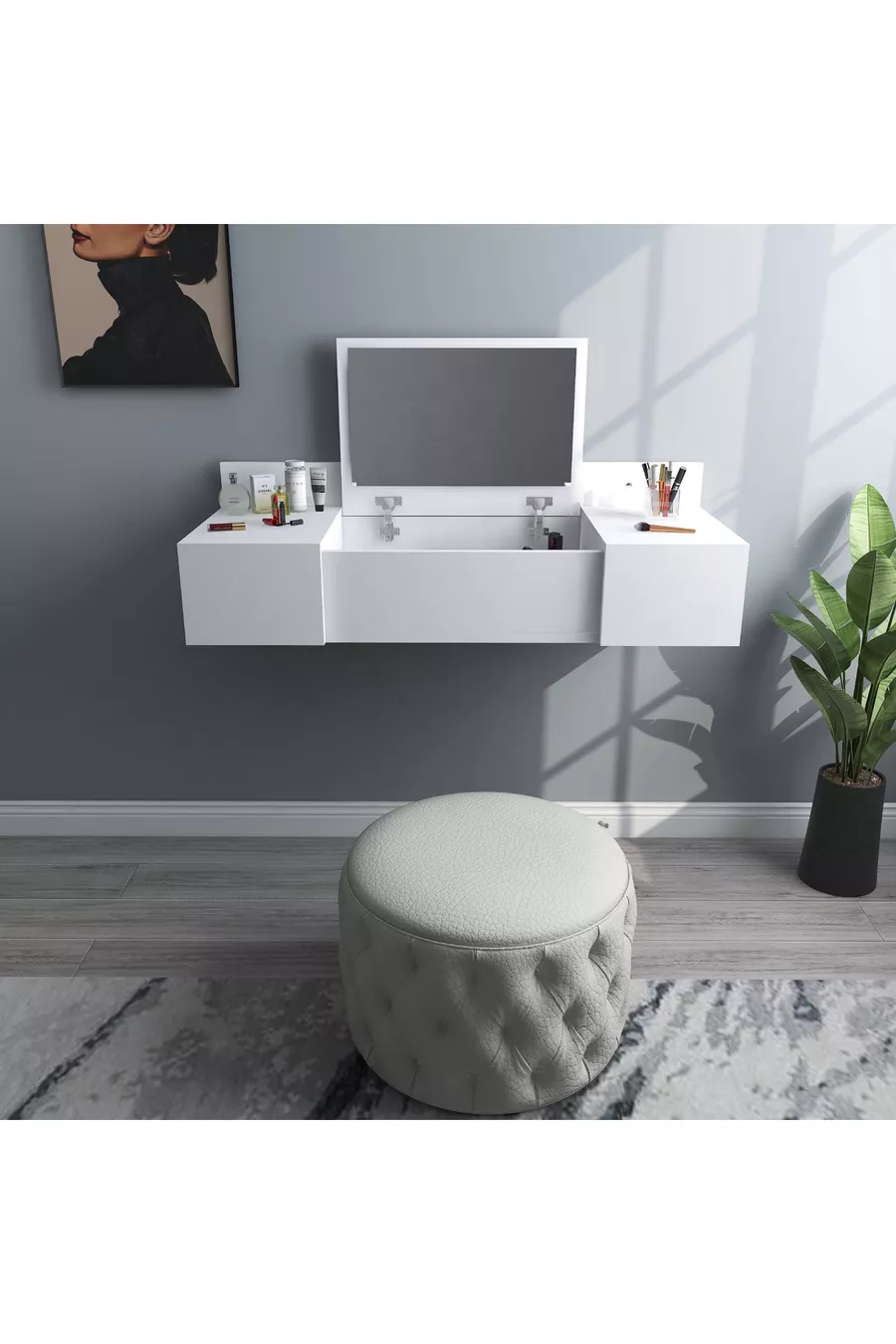 Coiffeuse Murale avec Miroir et Étagère Zakkum, Blanche - Zakkum