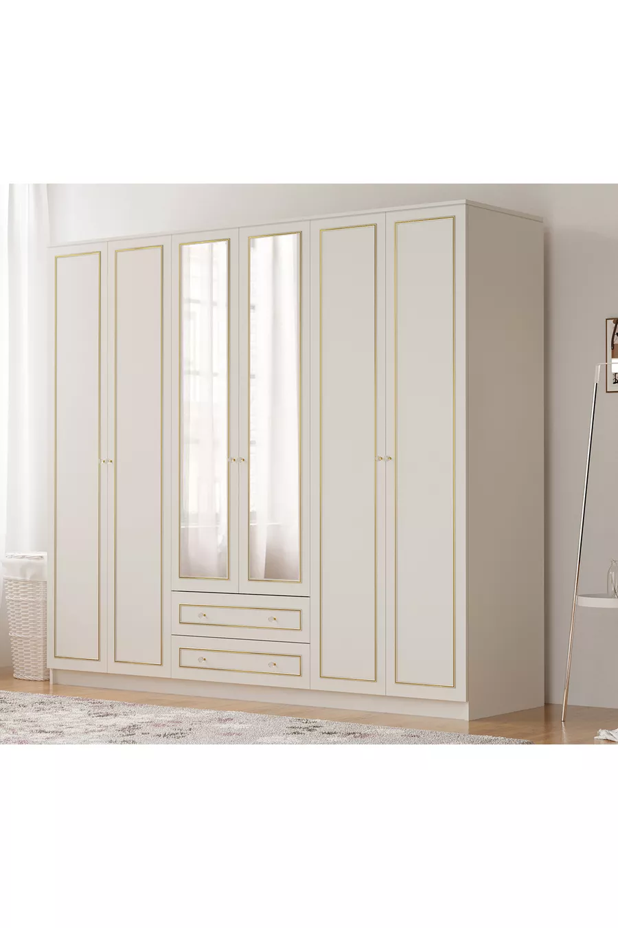 Armoire Gold Country avec miroir, 6 portes et 2 tiroirs