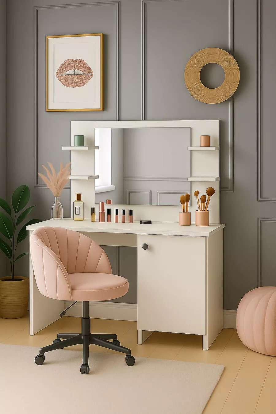Table de maquillage Lima avec miroir, armoire et 4 étagères, blanche