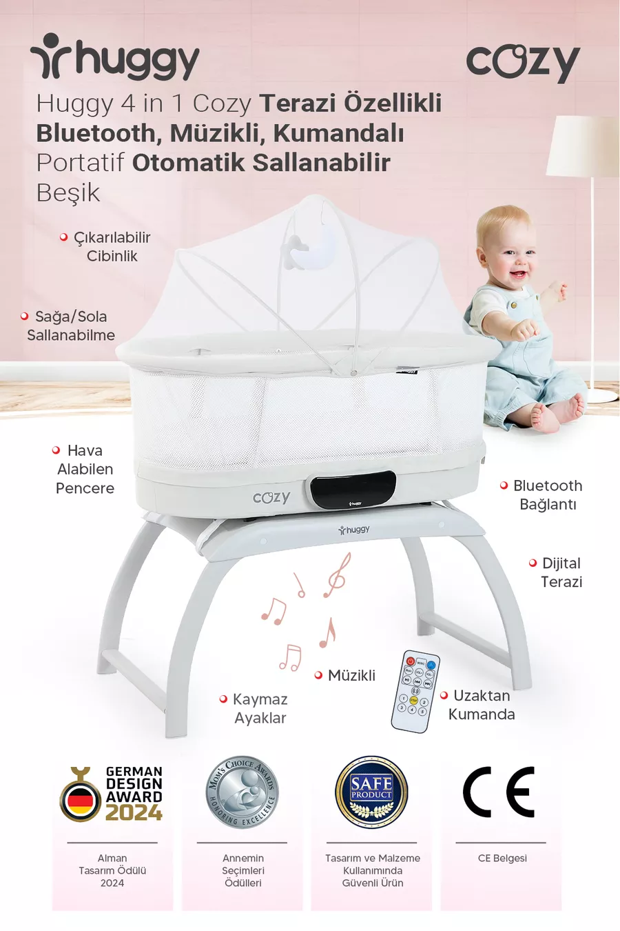 Berceau automatique à balancement 4 en 1 confortable avec Bluetooth, musique et télécommande – Portable