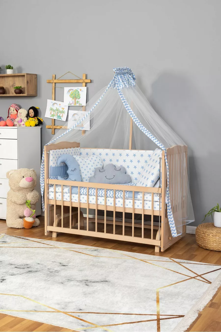 Berceau en bois à côté de maman Berceau biologique (sans peinture) - Ensemble de sommeil 3 oreillers + matelas Étoile bleue