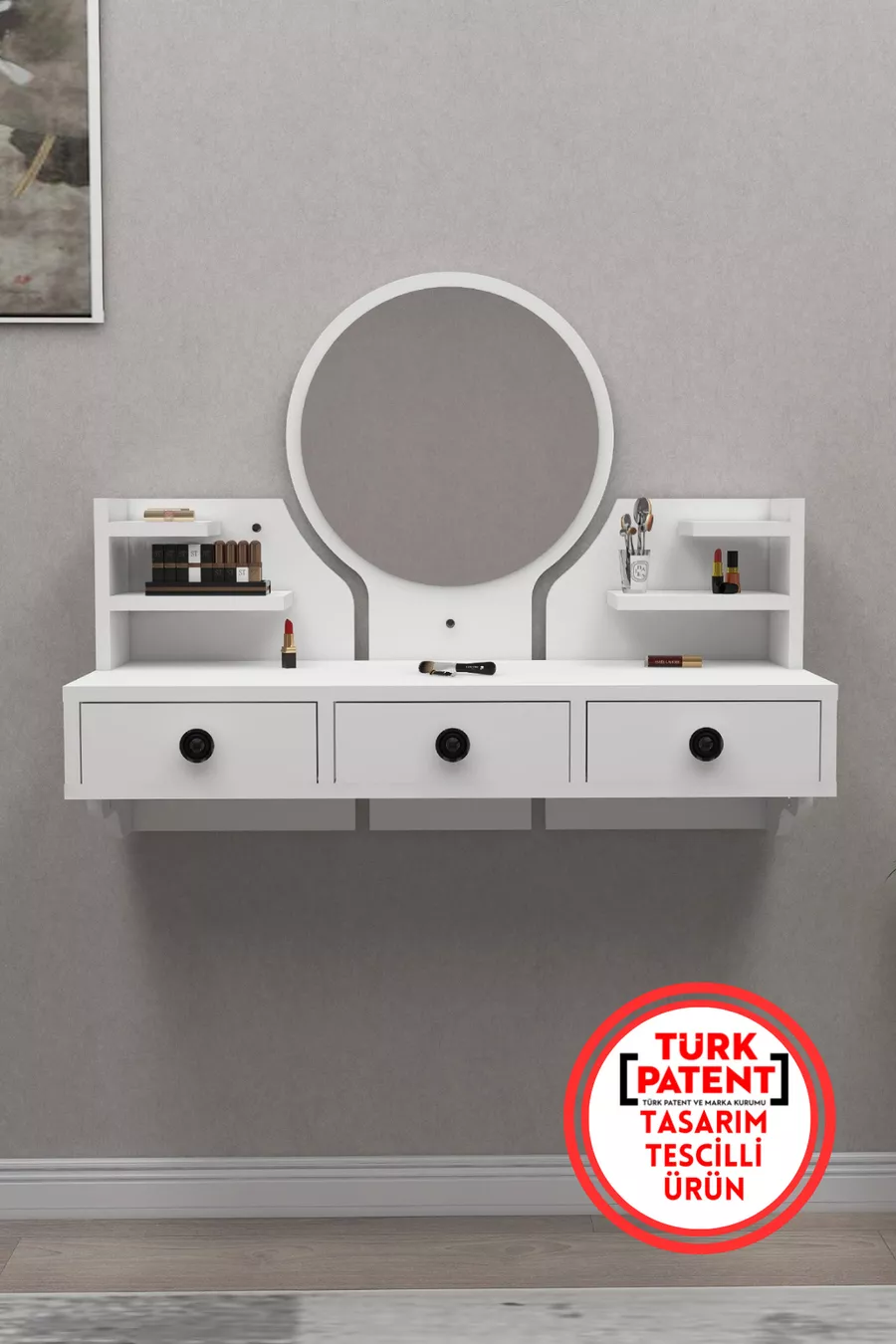 Table de maquillage murale Polina avec miroir, étagères et tiroirs, blanc - Polina