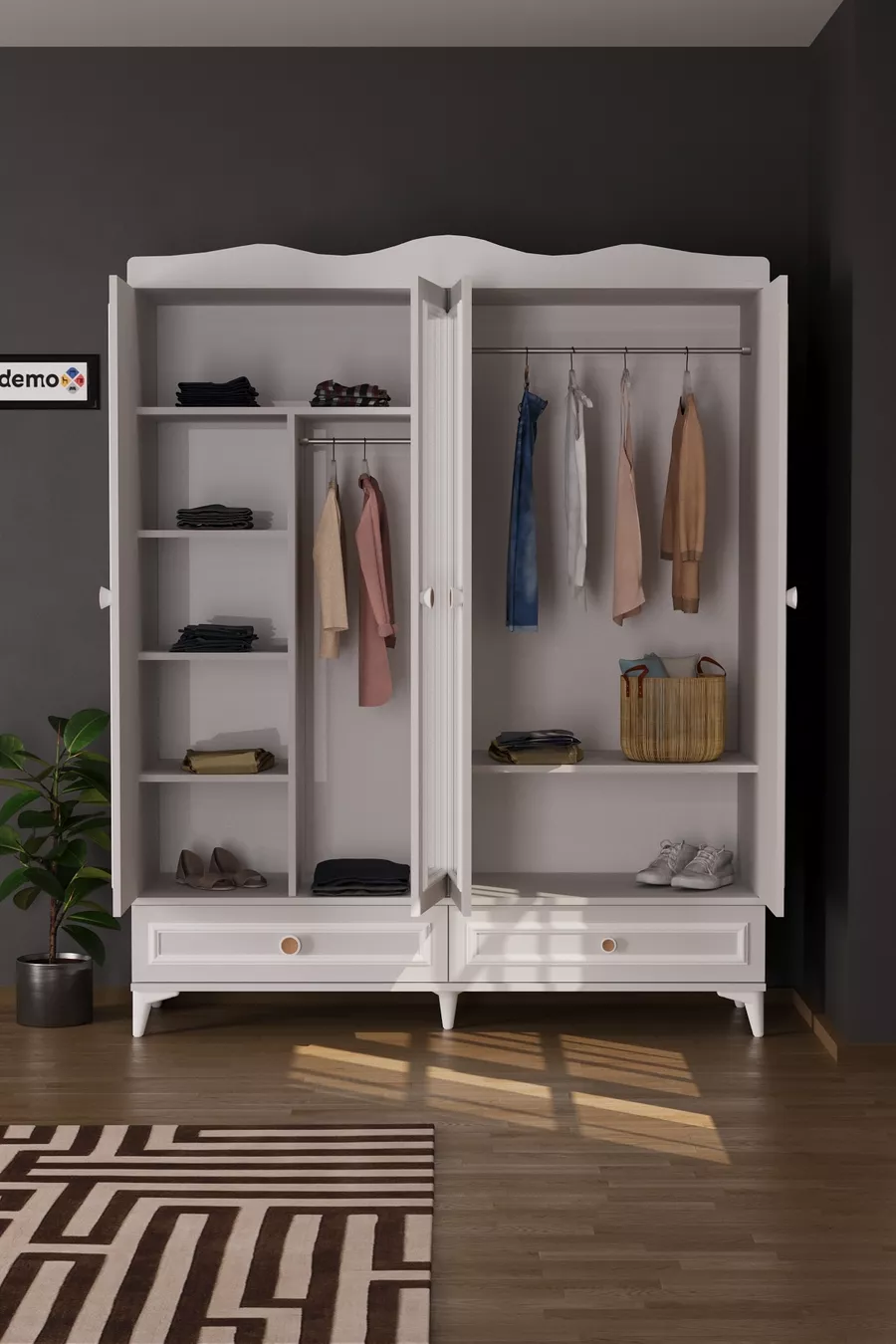 Armoire Nova à 4 portes avec 2 tiroirs et miroir, blanche