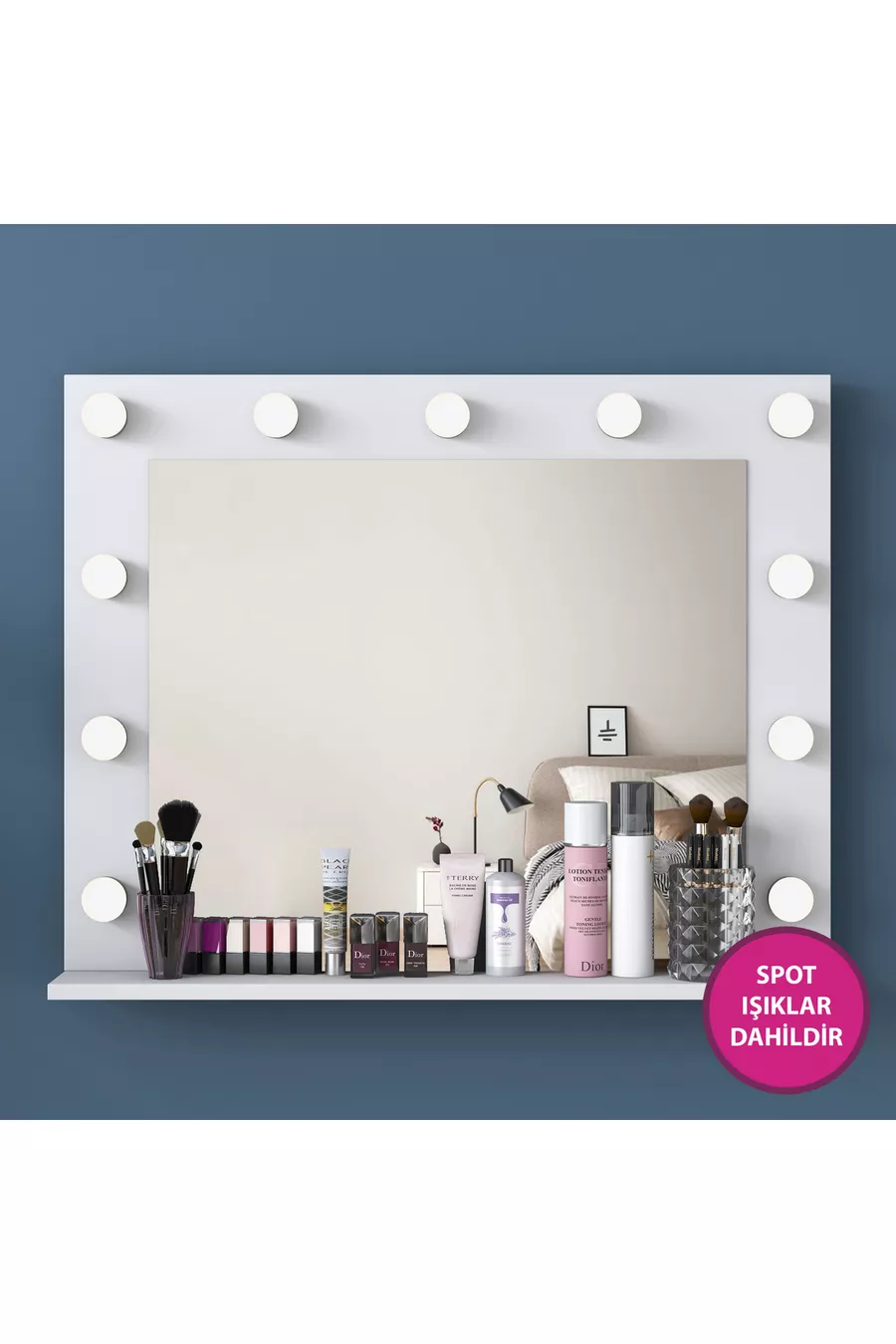 Rani Coiffeuse de Coulisse avec Miroir et Lumières Hollywood, Table en Verre, Organisateur de Bijoux, Blanc