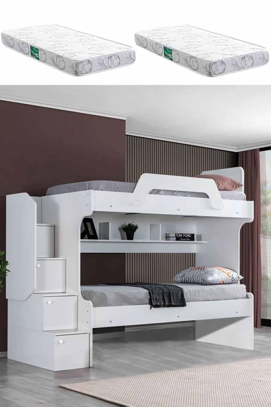 Lits superposés Ranza, Lit superposé Inci 2 pièces - Blanc 2 matelas confort