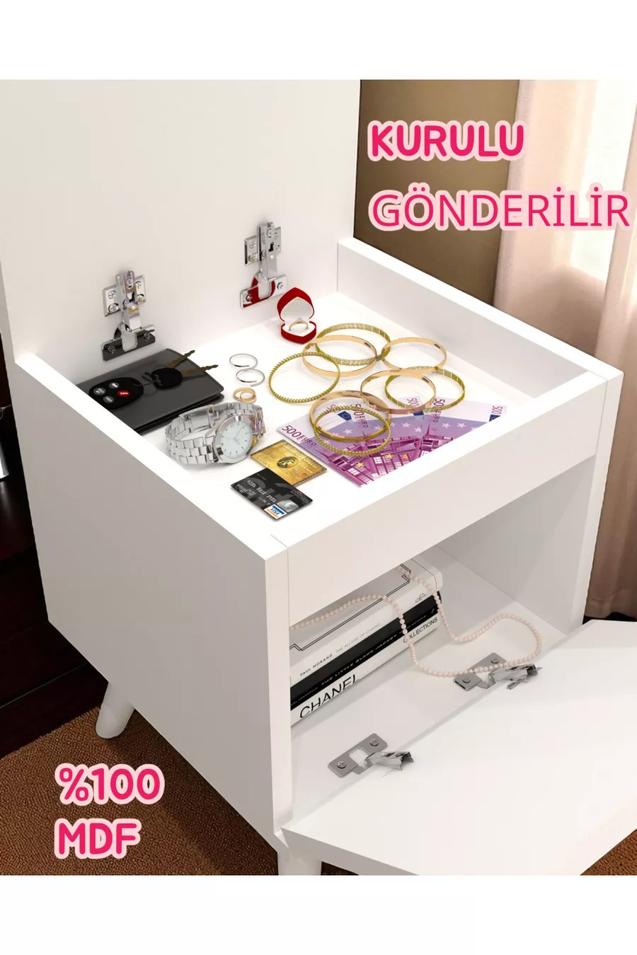 Table de chevet Gimli avec compartiment secret, MDF, assemblé, ne nécessite pas de montage