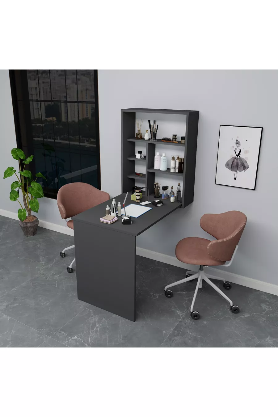 Table de manucure et pédicure avec étagère en cèdre, anthracite - Cèdre