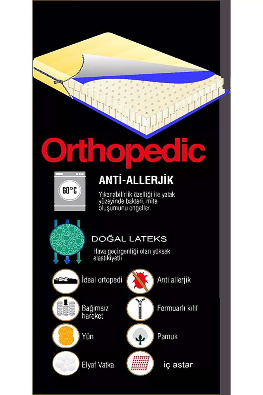 Matelas en latex naturel entièrement orthopédique avec housse lavable