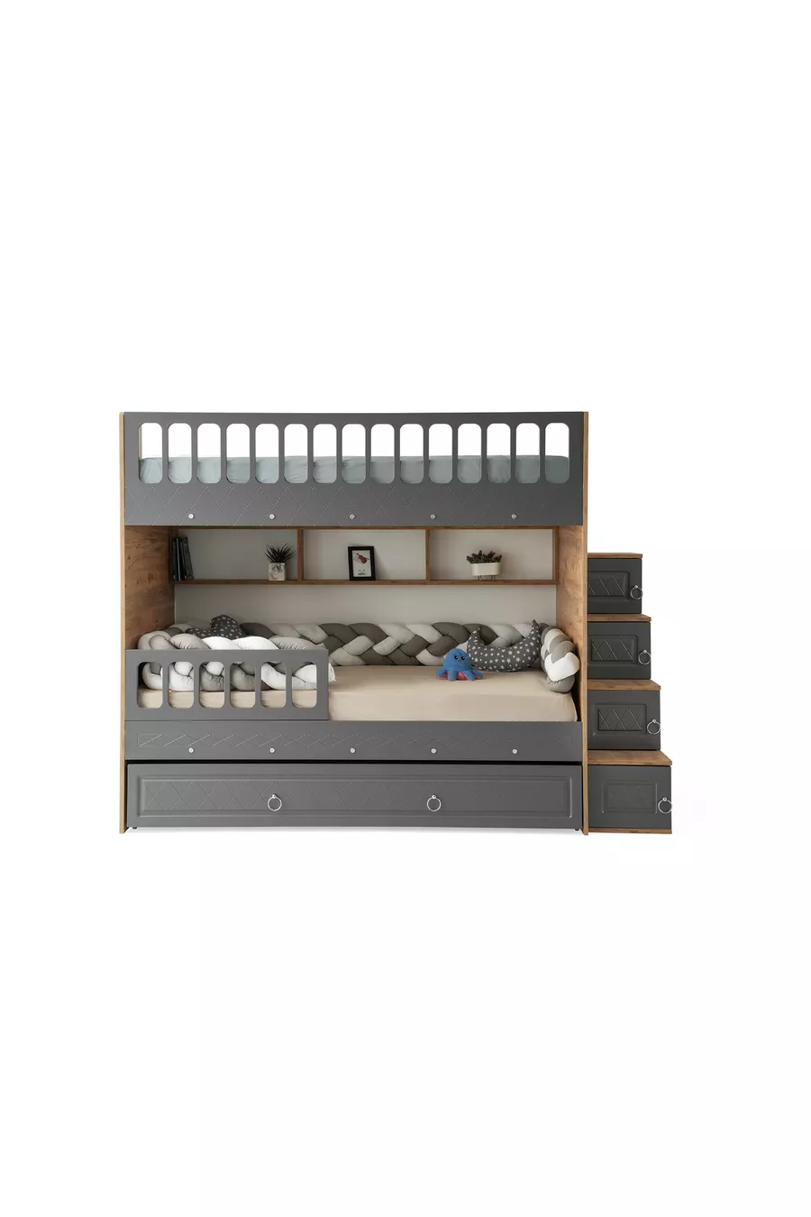 Lits superposés Émeraude / Pin-anthracite / Installation gratuite / 3 sections de lit avec escalier et placard / MDF à 100%